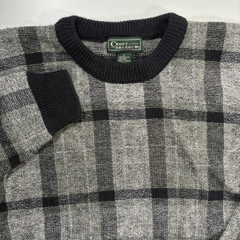 Vintage 90s Croft & Barrow Sweater Large Grey Black Plaid Wool Blend Y2K